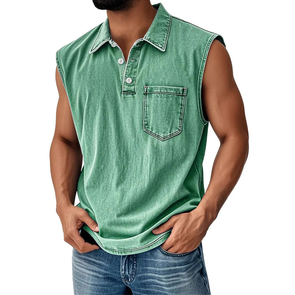 Man wearing a short sleeve polo shirt with a 3D digital print design in a loose fit.