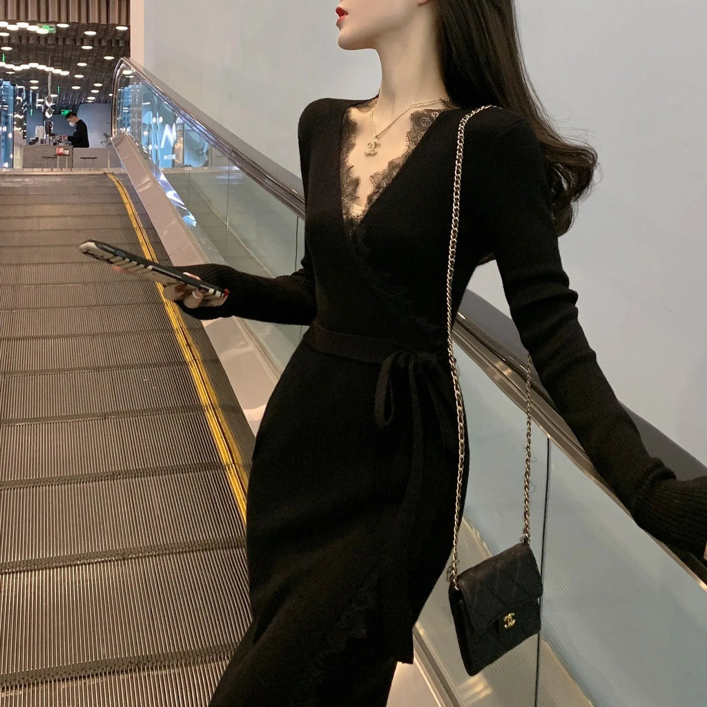 Women's slim fit black woolen skirt with princess dress styling