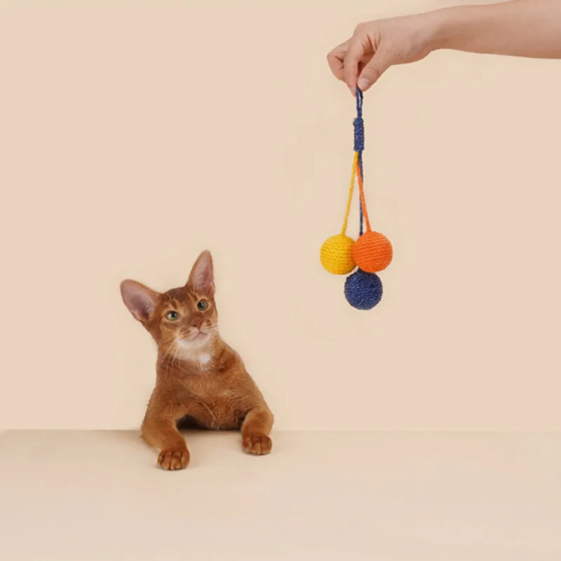 Cat teaser stick toy set with four bite-resistant elements including catnip balls in blue, green, red, yellow colours.