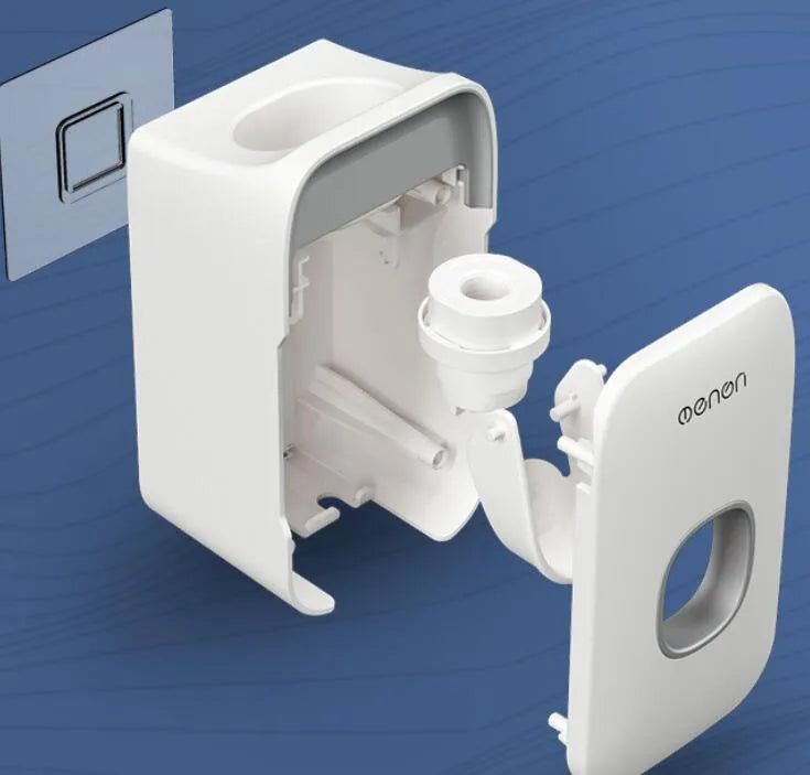 Automatic wall-mounted toothpaste dispenser in blue, grey, or pink colours with LED display