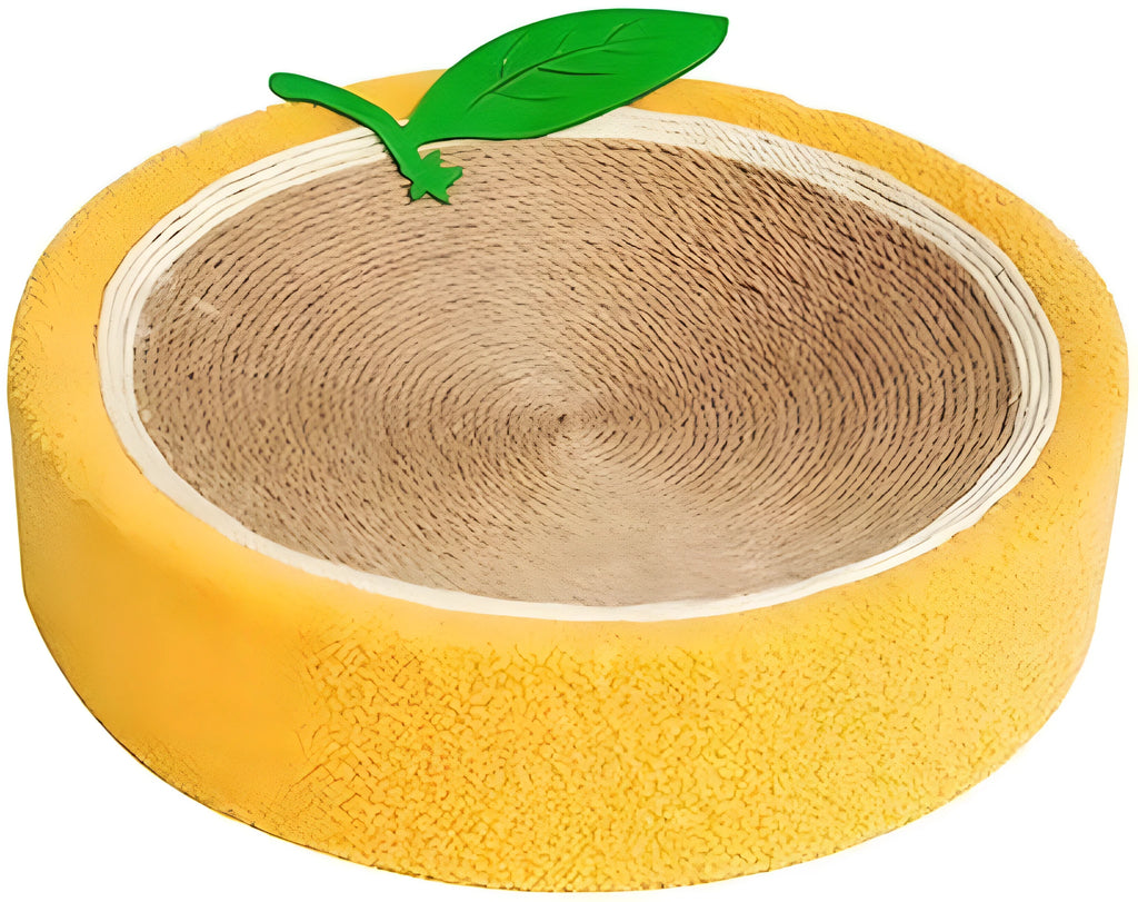 Yellow-orange round cat scratching board with sisal surface and concave centre bed measuring 390mm diameter