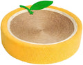 Yellow-orange round cat scratching board with sisal surface and concave centre bed measuring 390mm diameter