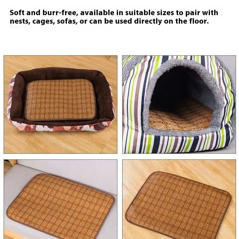 Brown rattan fibre cooling mat for dogs with woven texture in various size options