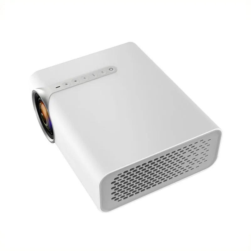 YG530 black and white mini portable LED projector with wireless mobile phone connectivity on a table.