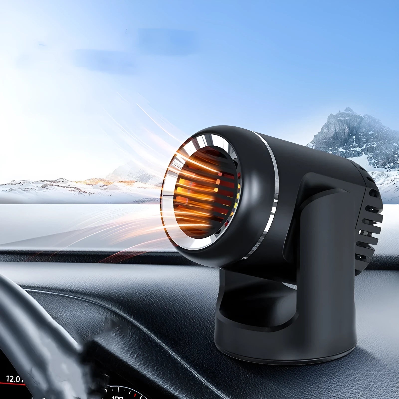 Black and white 12v portable car heater with power cable for defrosting and cooling