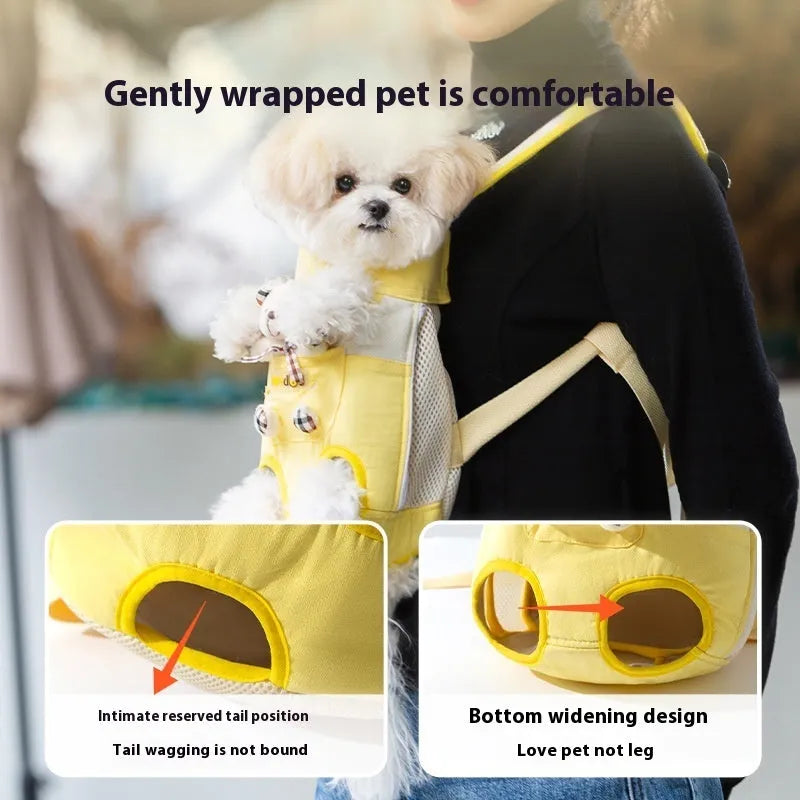 Cartoon animal pattern soft canvas pet carrier chest bag with colourful stitching and removable crossbody strap