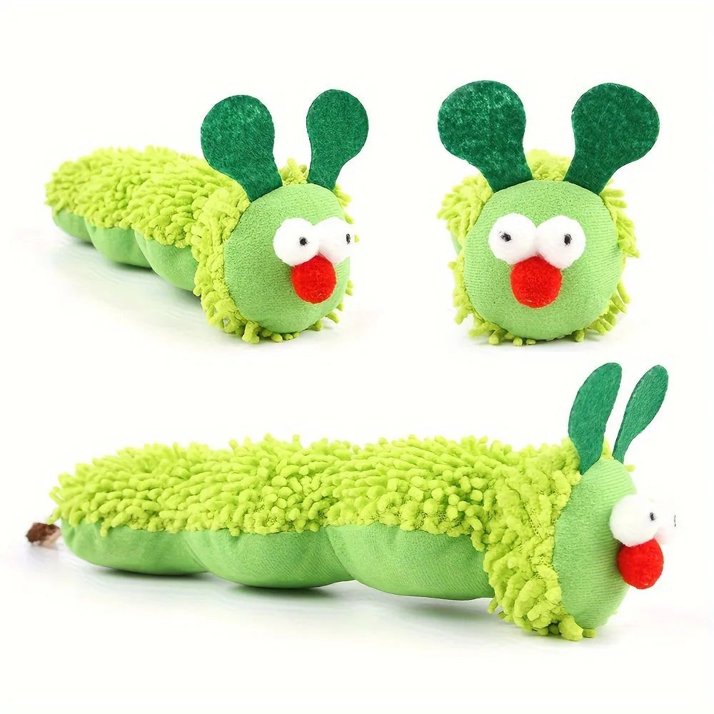 Green plush interactive cat toy pillow with moving LED tail, showing dimensions 24×11×5 cm