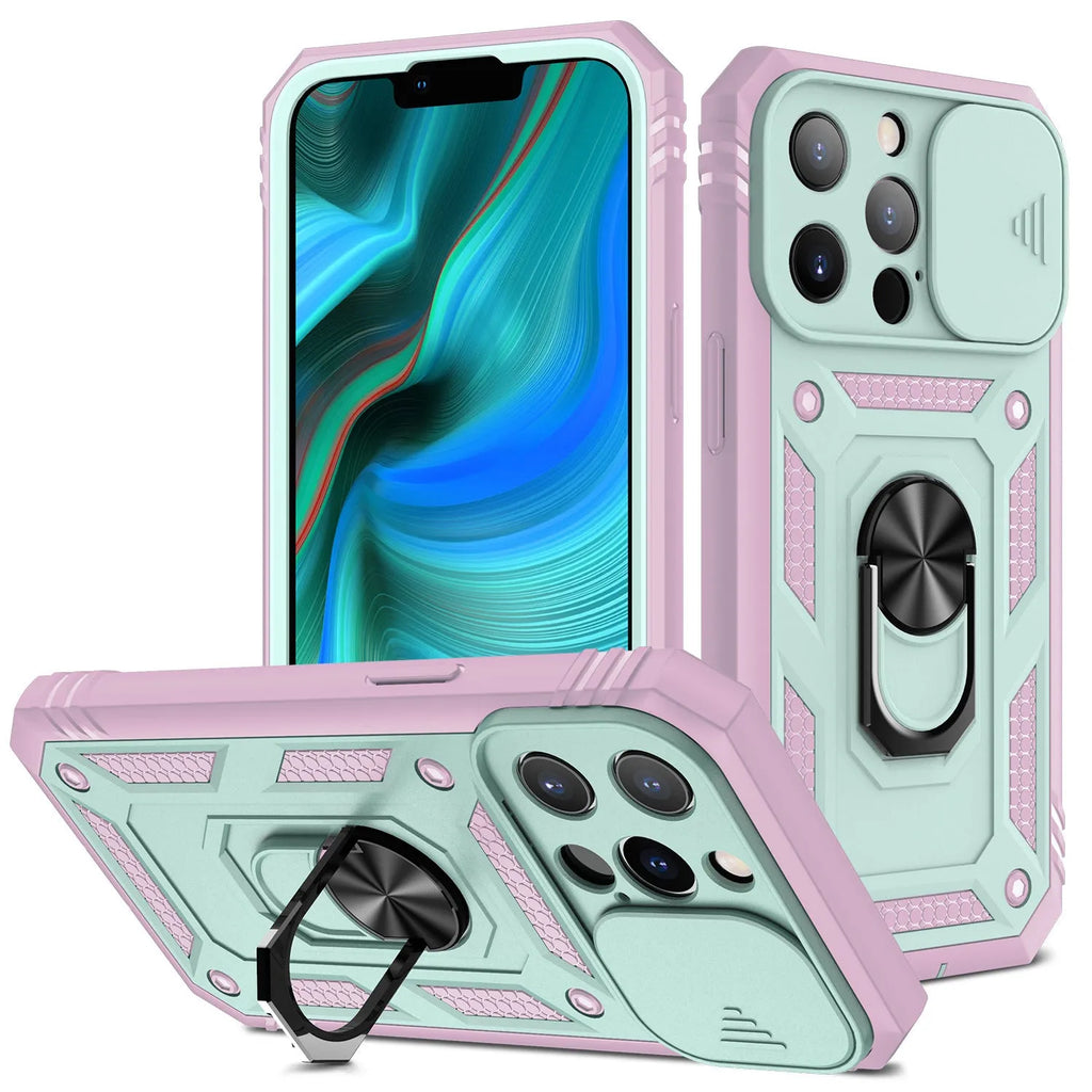 Magnetic iPhone case with sliding window bracket in two-tone colour options