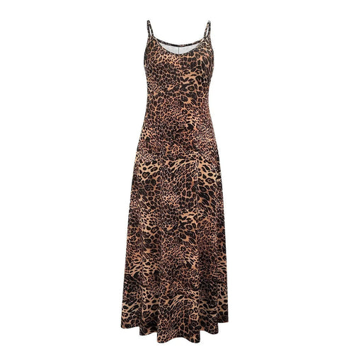 Women's dark brown leopard print dress with round neck and sleeveless design in art retro style