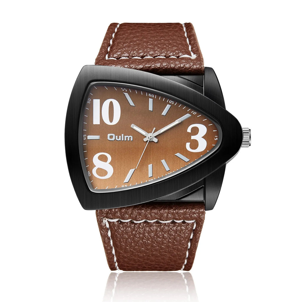 Men's brown casual quartz watch with triangle belt strap and 9mm case.