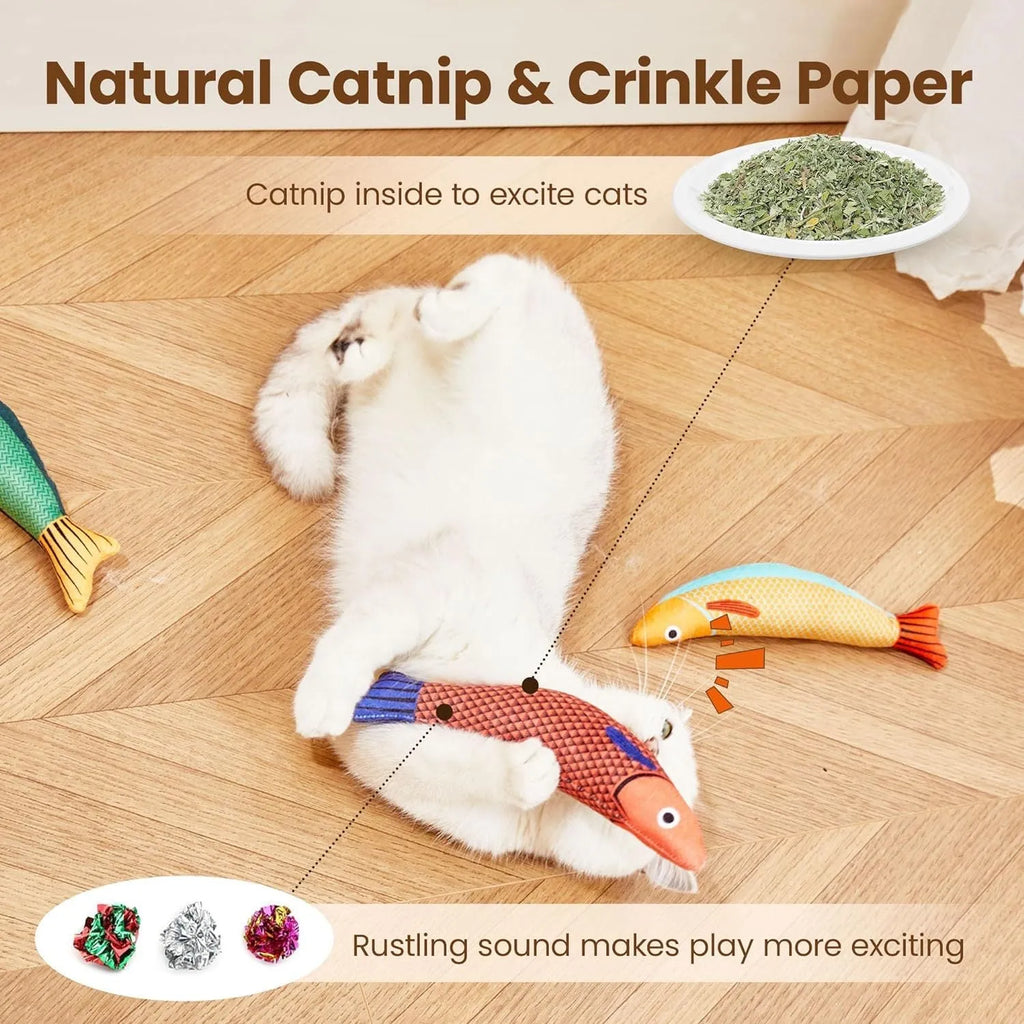 Green fish-shaped cat kicker toy with organic catnip filling and crinkle sound feature