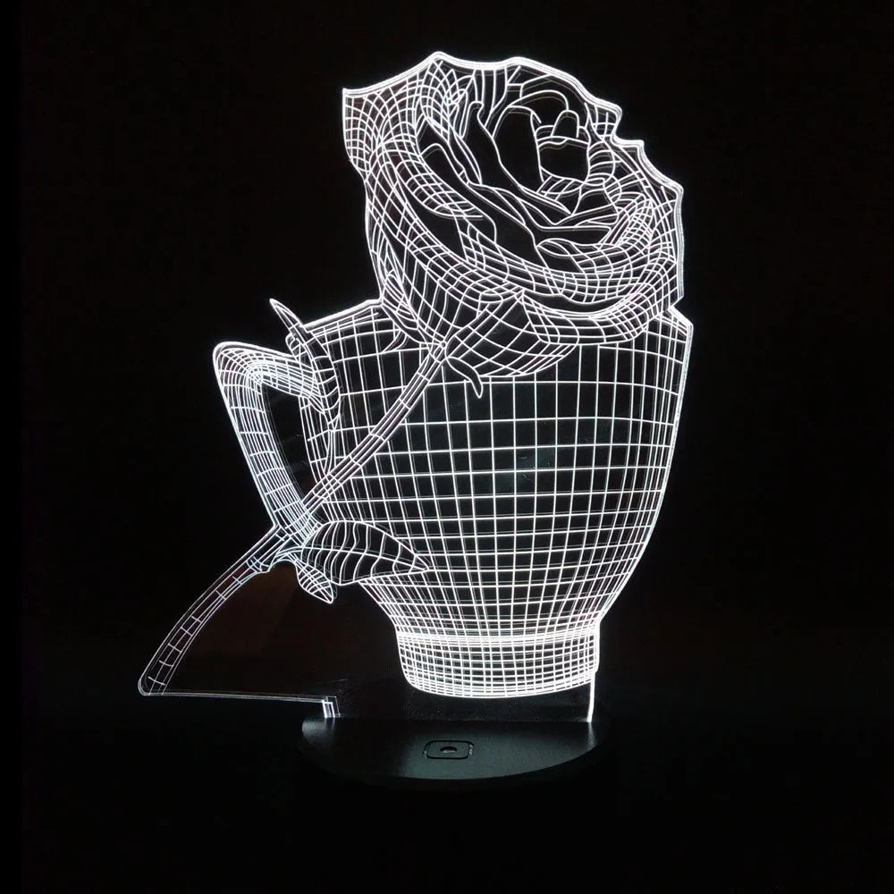 3D rose-shaped night light with colour-changing LED illumination on acrylic panel with ABS base