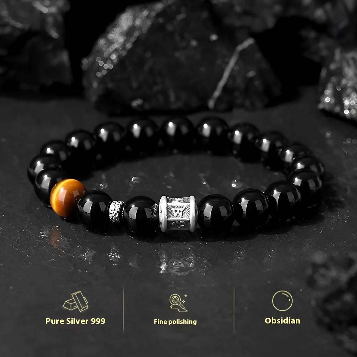 Men's obsidian and pure silver bracelet with six-word mantra prayer wheel design