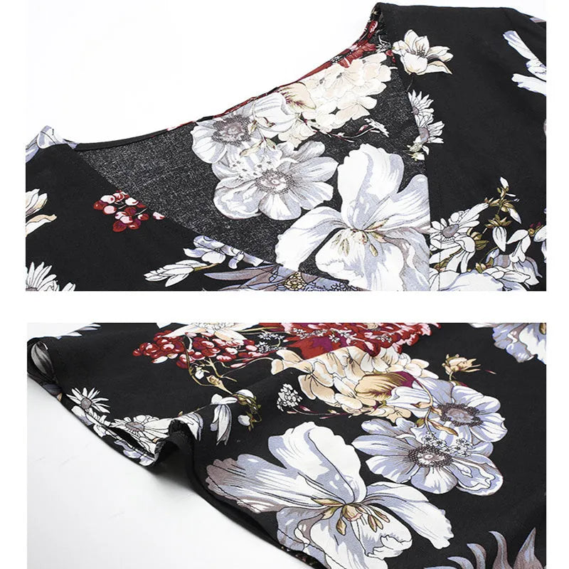 Women's floral summer beach dress with V-neck and high waist in yellow black or blue mid-length print