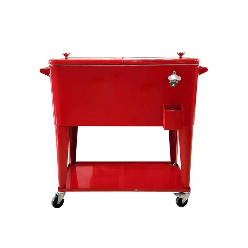 Red metal insulated trolley ice bucket with 750ml capacity for outdoor picnics