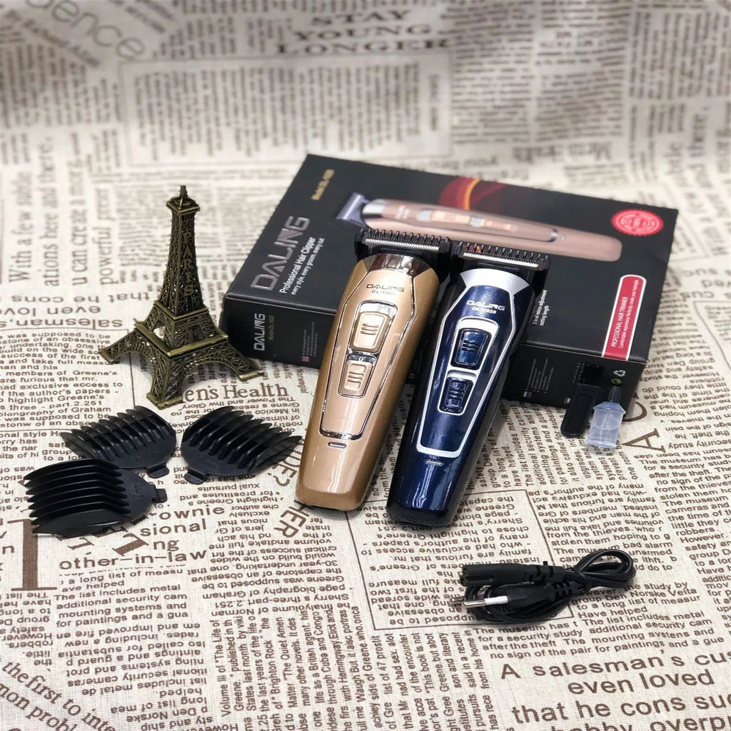 Dark blue rechargeable electric hair clipper with stainless steel blades on a plain background.