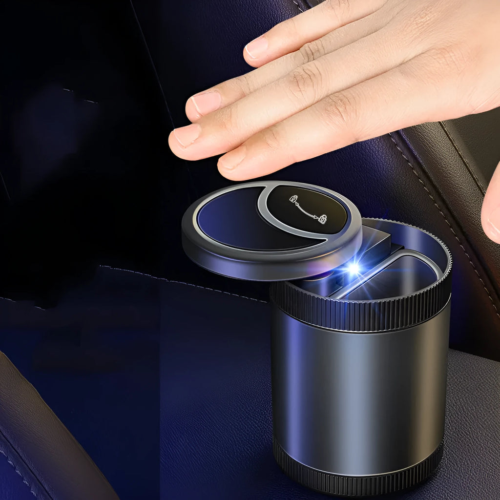 Automatic induction car ashtray with sensor lid in grey, black, red, and blue colours.