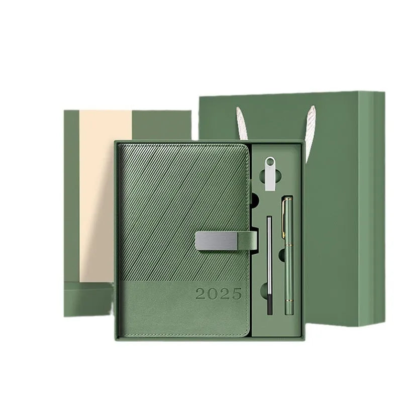 Striped PU leather notepad in bean green with 204 sheets of wood-free paper