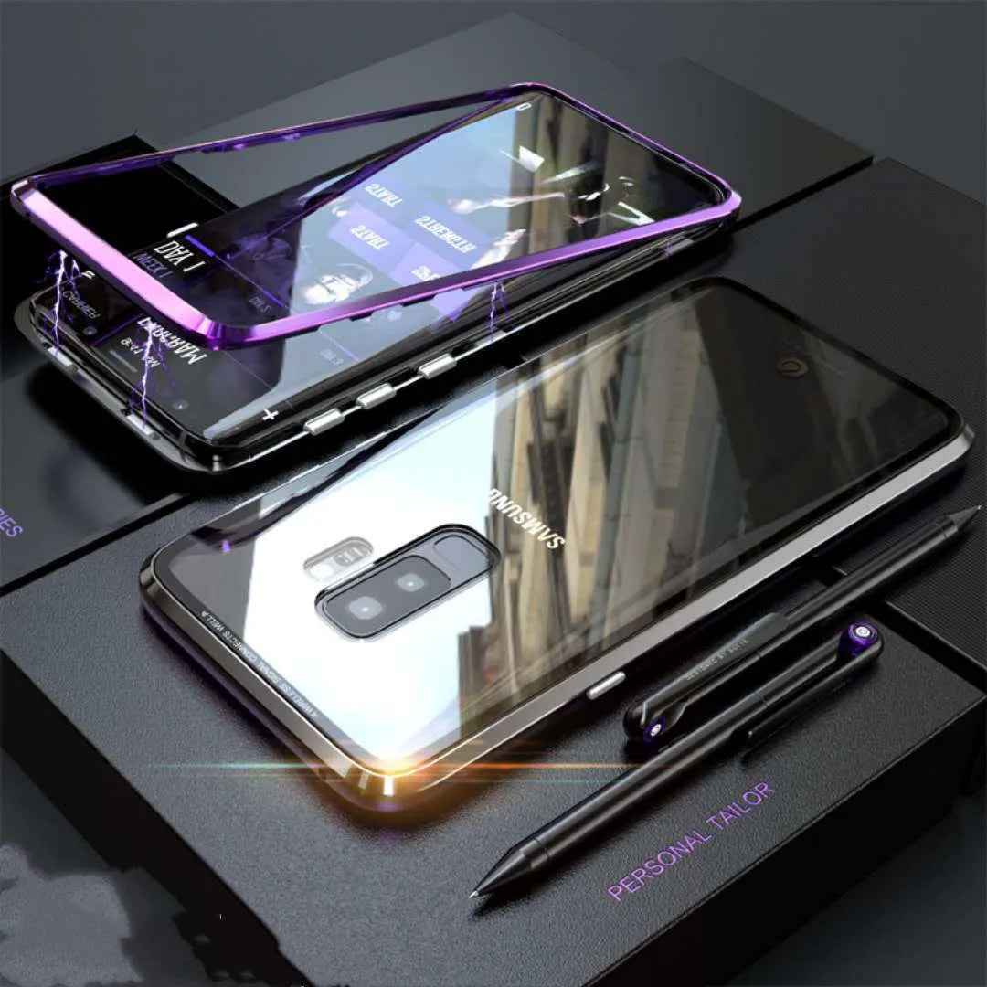 Black anti-peeping magnetic clamshell phone case for Samsung phones shown closed.