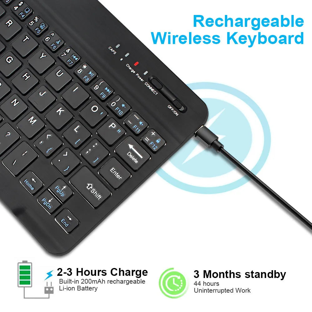 Mini Bluetooth wireless keyboard in black or white with 10-inch size option showing compact design