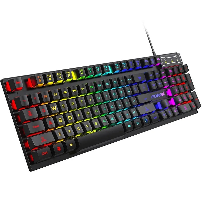 Black 104-key gaming keyboard with backlight illumination showing full key layout