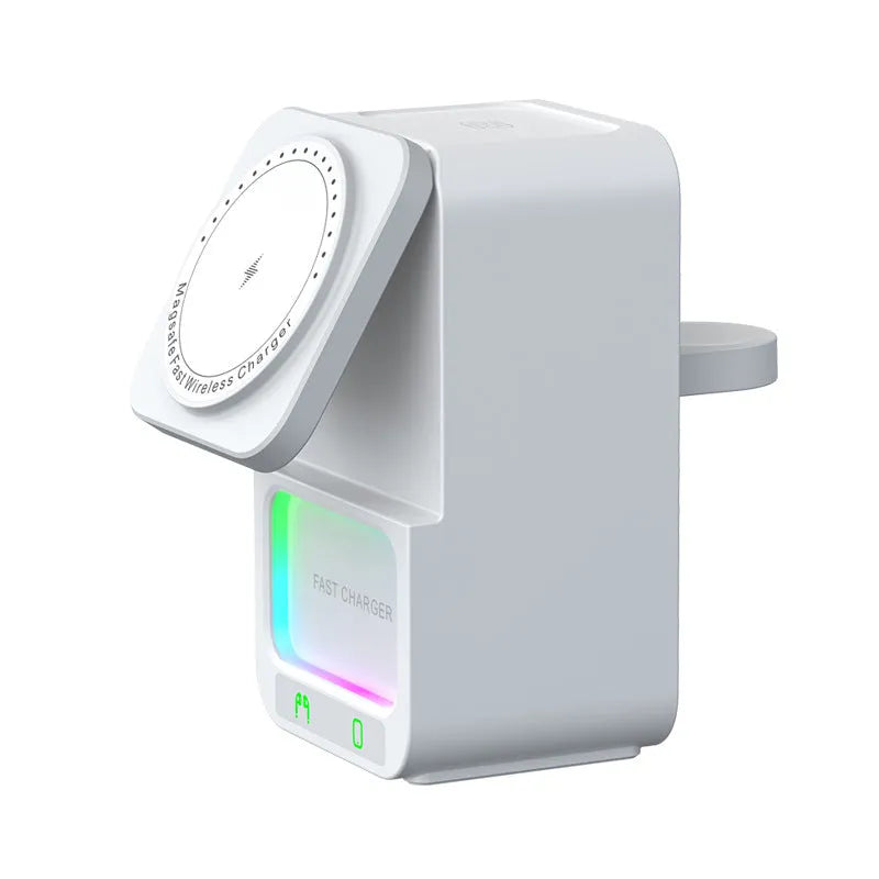 Black and white 5-in-1 Bluetooth speaker wireless charger with QC3.0 fast charging and magnetic support