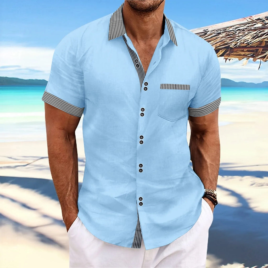 Men's slim fit striped casual shirt in pure cotton with short sleeves and double button front.