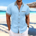Men's slim fit striped casual shirt in pure cotton with short sleeves and double button front.