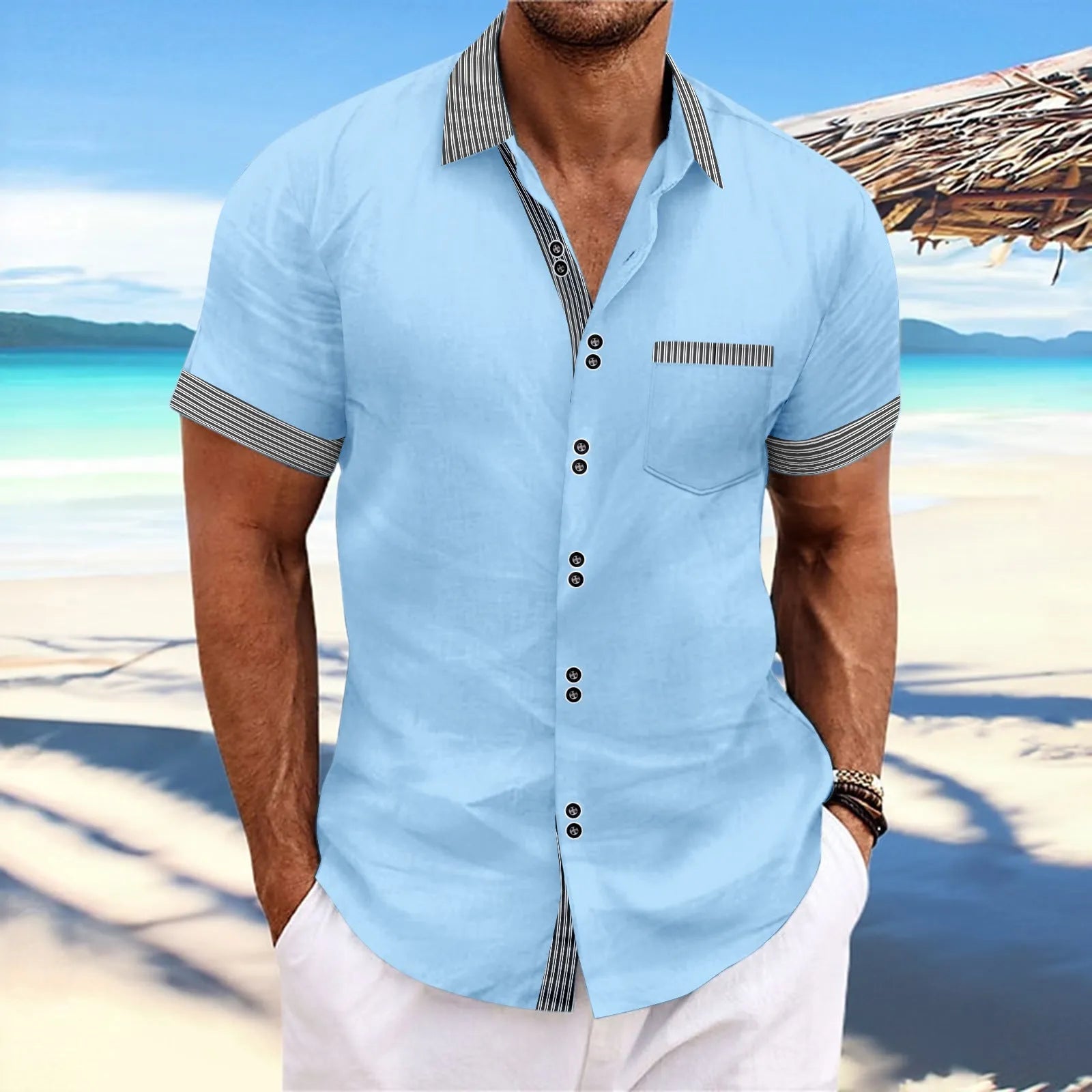 Men's slim fit striped casual shirt in pure cotton with short sleeves and double button front.