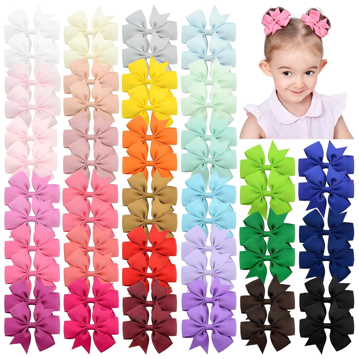 Assorted colour 3-inch grosgrain ribbon hair bows on alligator clips for toddler girls.