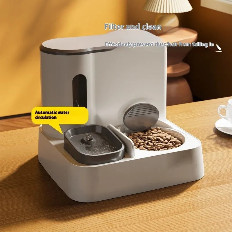 Automatic cat feeder and water dispenser with integrated double bowl in grey, green or yellow colours