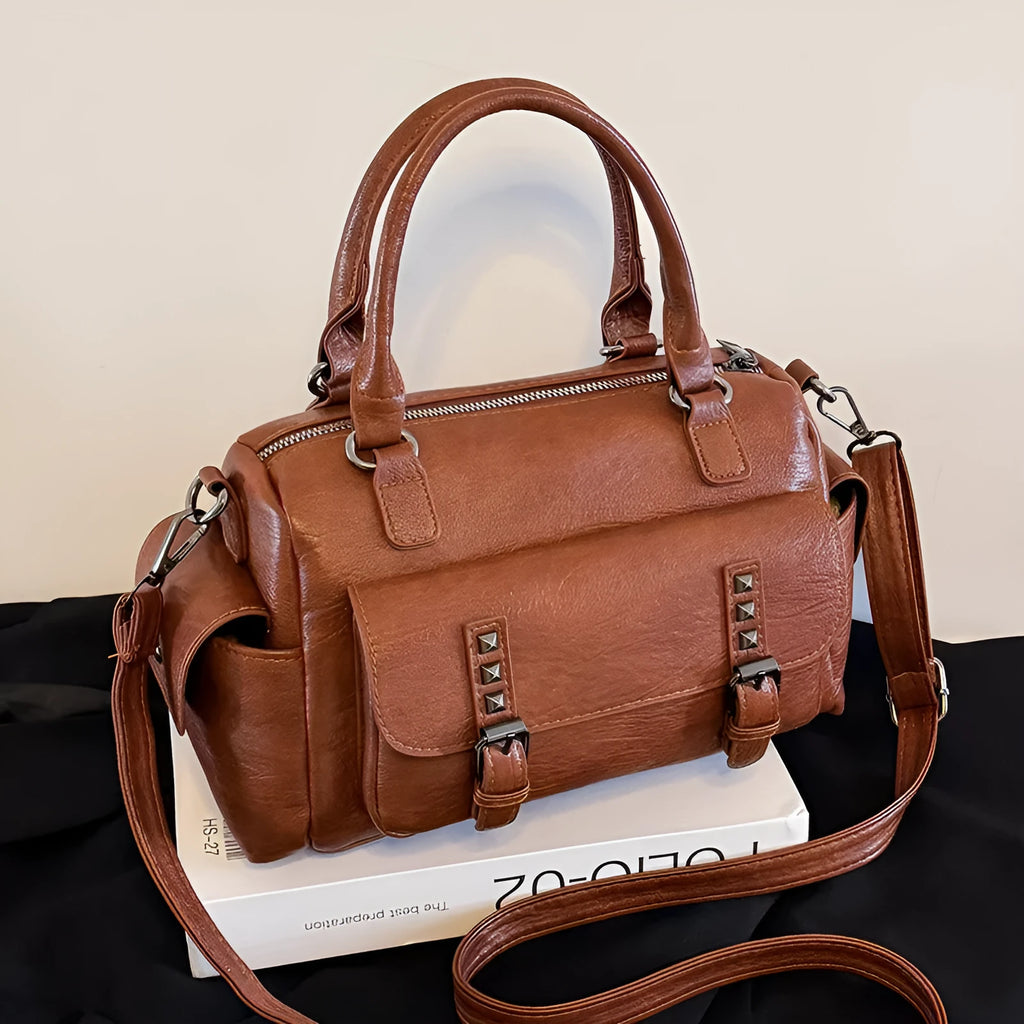Vintage style square messenger bag in PU leather with stitching detail