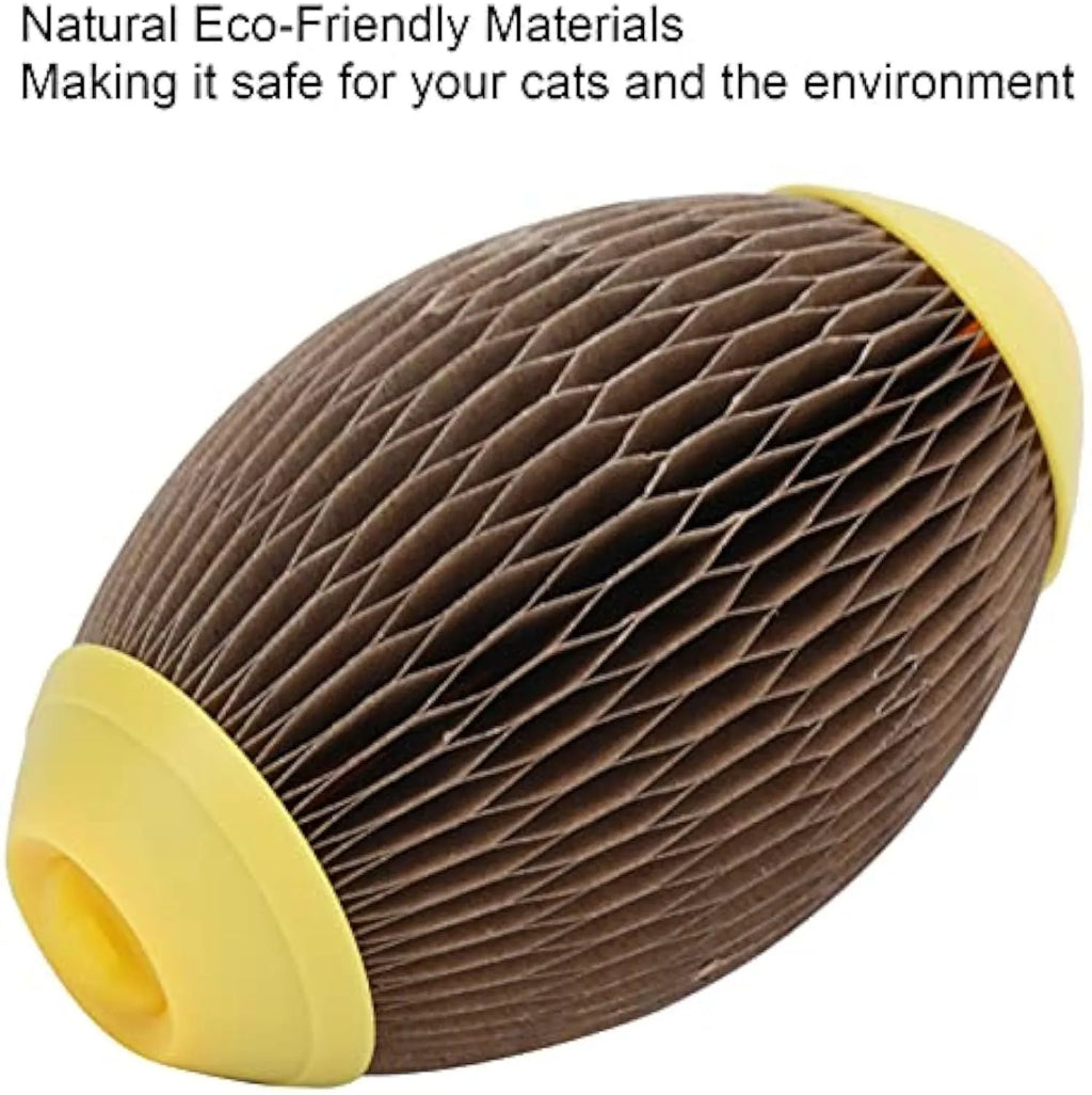 Green corrugated paper catnip football toy with scratching surface and catnip cavity.