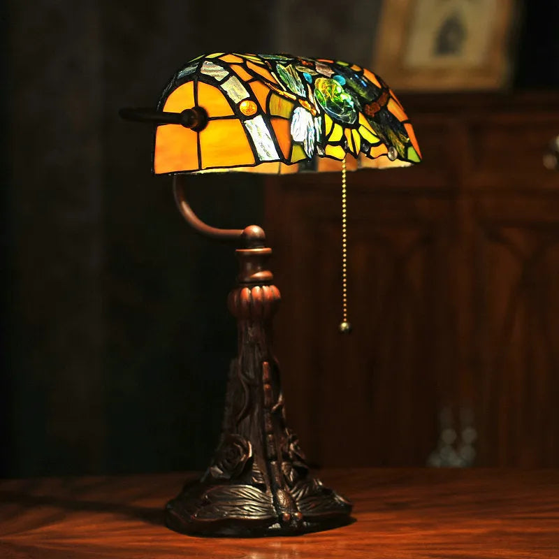 10-inch Tiffany table lamp with stained glass resin base on desk surface