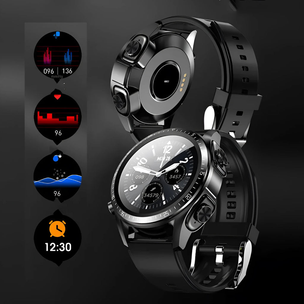 Black smart Bluetooth watch with 1.28 inch TFT screen showing health metrics and including TWS earphones