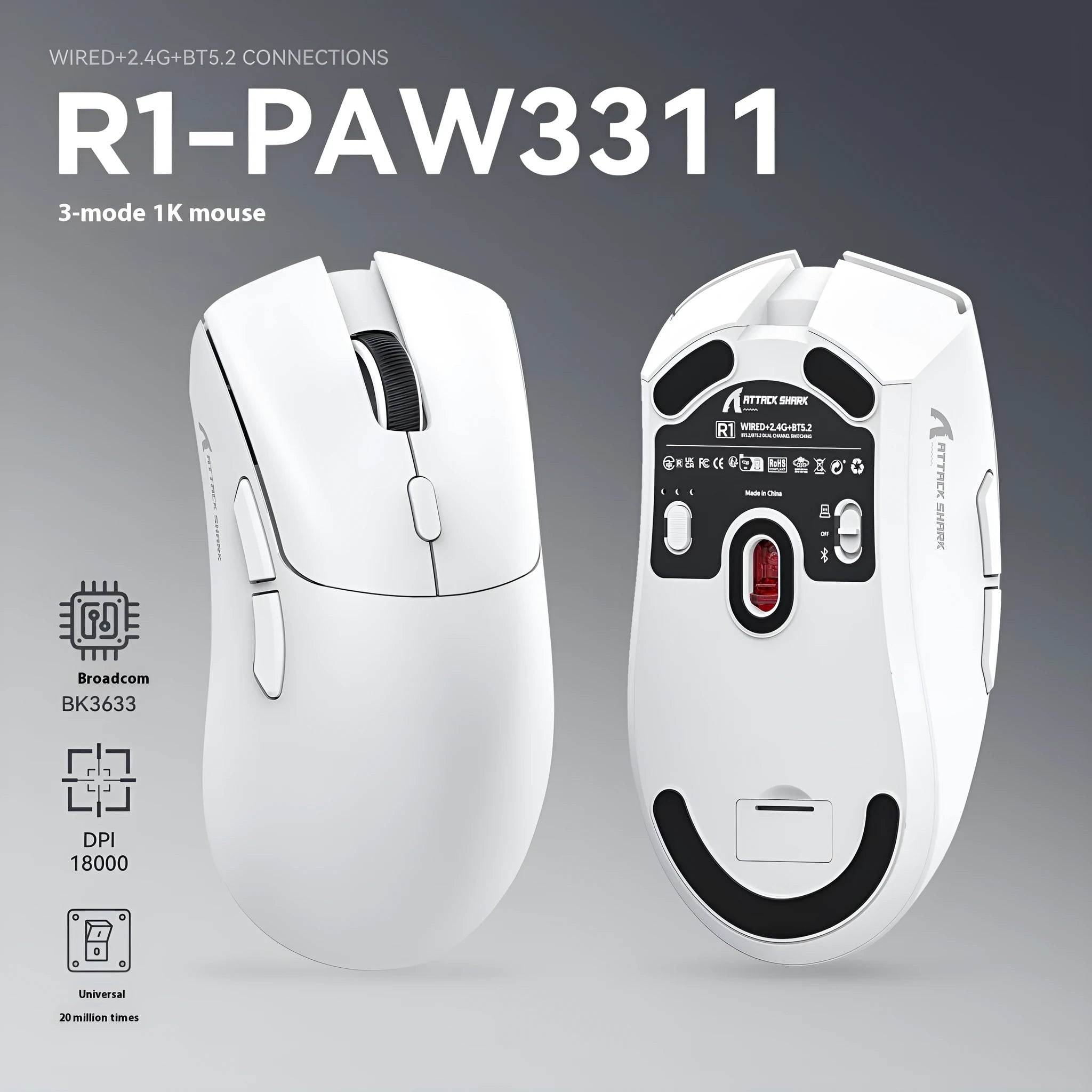 Attack Shark wireless Bluetooth mouse in black, white and red colours with three connection modes
