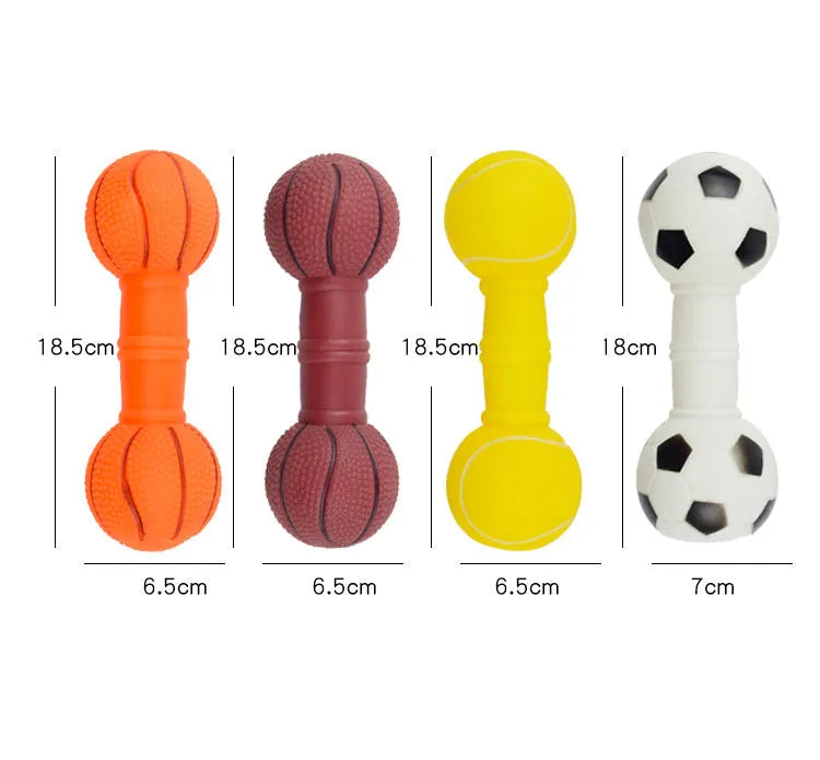 Four coloured brown, orange, white, yellow dumbbell shaped squeaky football dog toys.