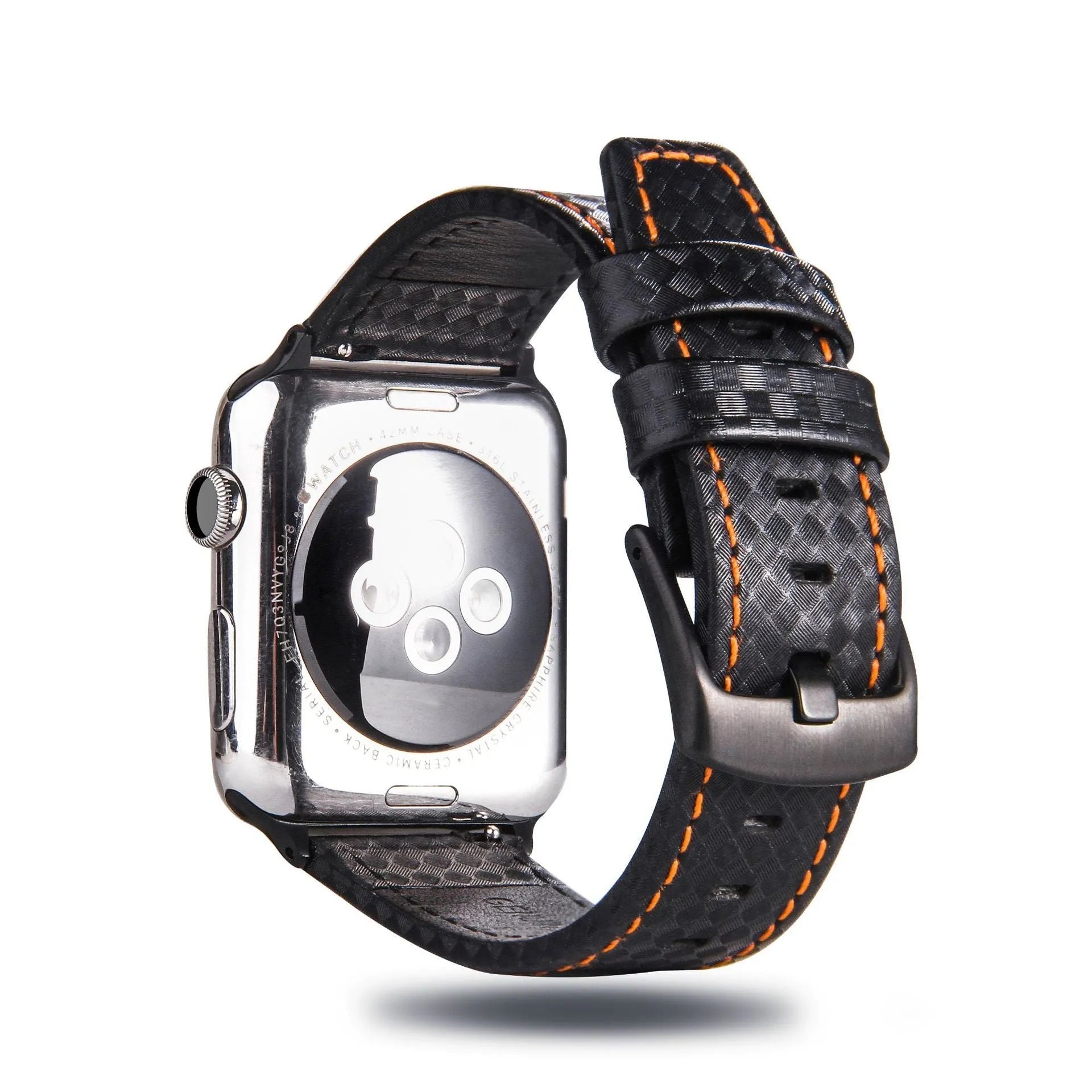 Leather Apple Watch strap with carbon fibre pattern in black, blue, orange, or red colours for 38mm 40mm or 42mm 44mm cases.