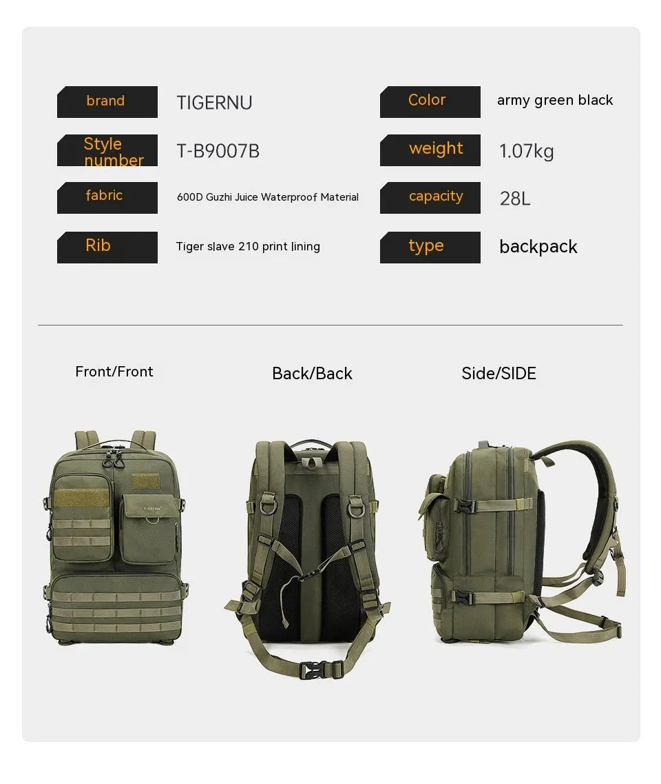 17-inch waterproof tactical backpack in army green colour with outdoor sports equipment