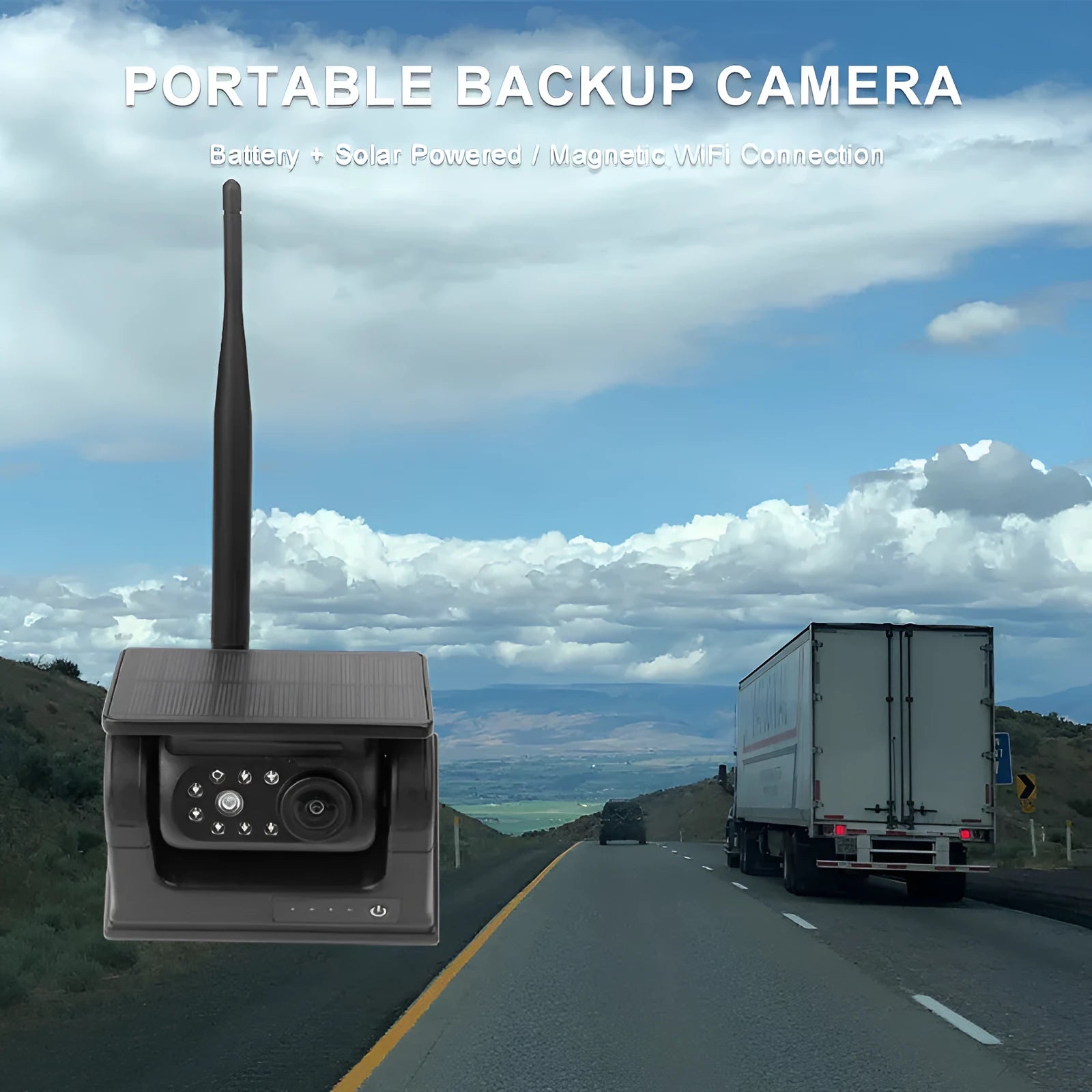 Solar wireless charging reversing camera with aluminium alloy shell and magnet suction mounting