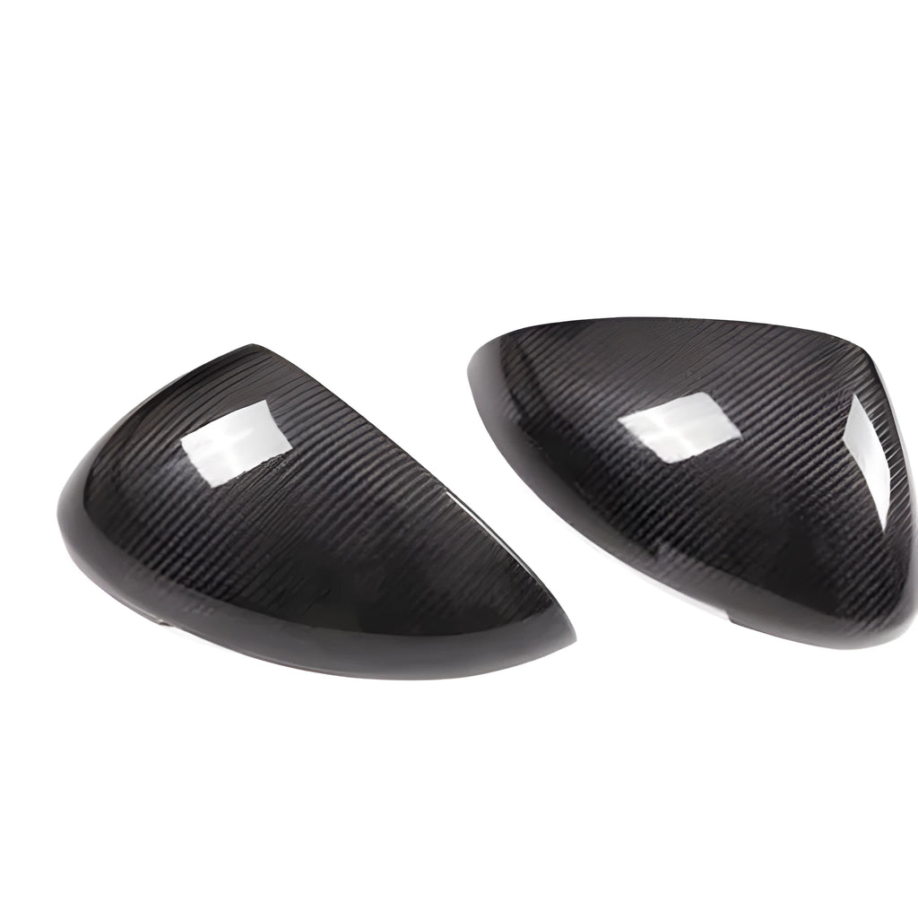 Pair of black true carbon fibre rearview mirror covers for Porsche Macan 2014-2022 models.
