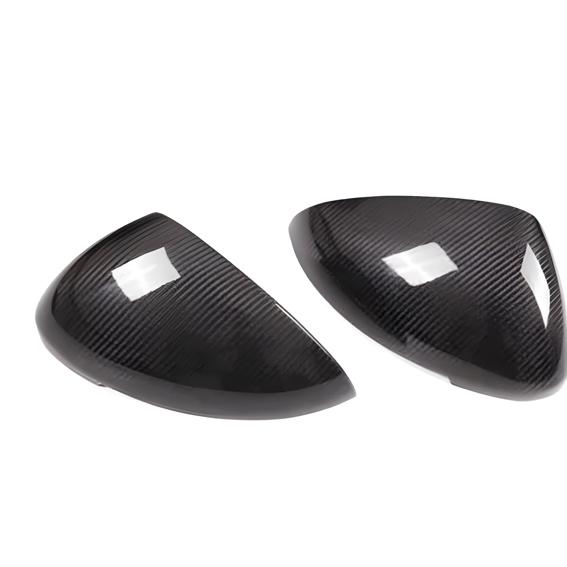 Pair of black true carbon fibre rearview mirror covers for Porsche Macan 2014-2022 models.