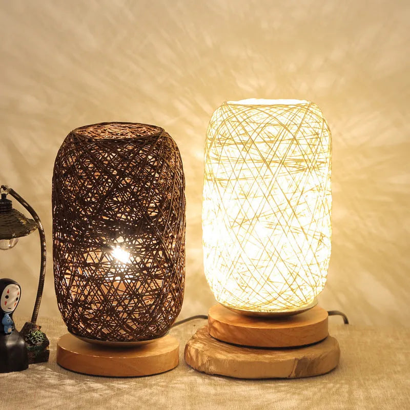 Brown woven hemp rope Sepak Takraw desk lamp with solid wood base and USB cable