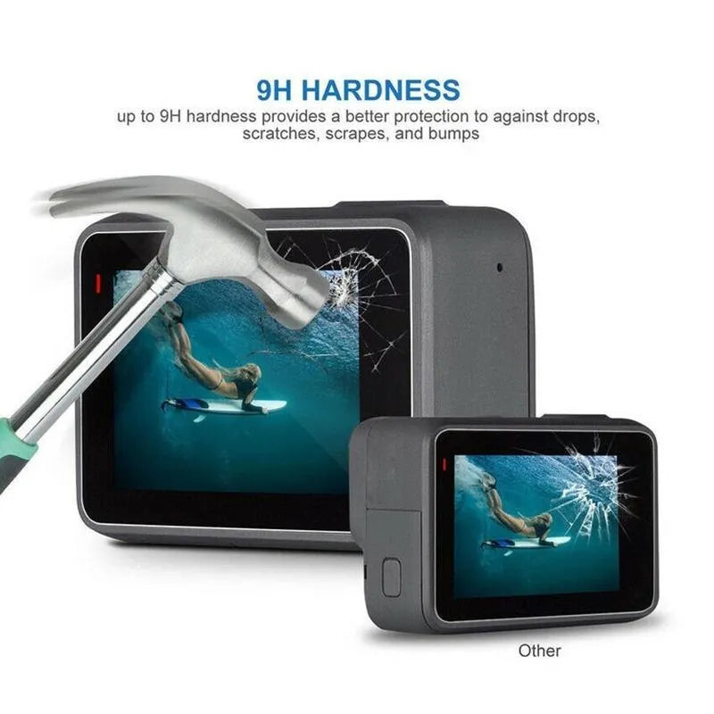 Transparent 9H tempered glass screen and lens protector films for GoPro Hero 5, 6, 7 cameras.
