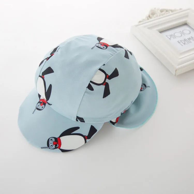 Boy's penguin print long sleeve swimsuit set with swimming cap for sun protection