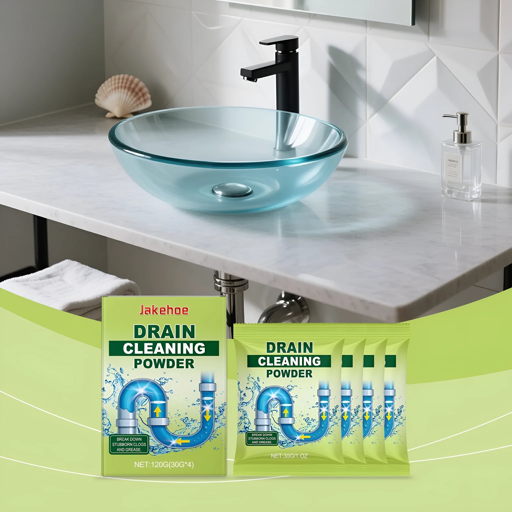 120g container of drain cleaning powder with chemical unblocking formula