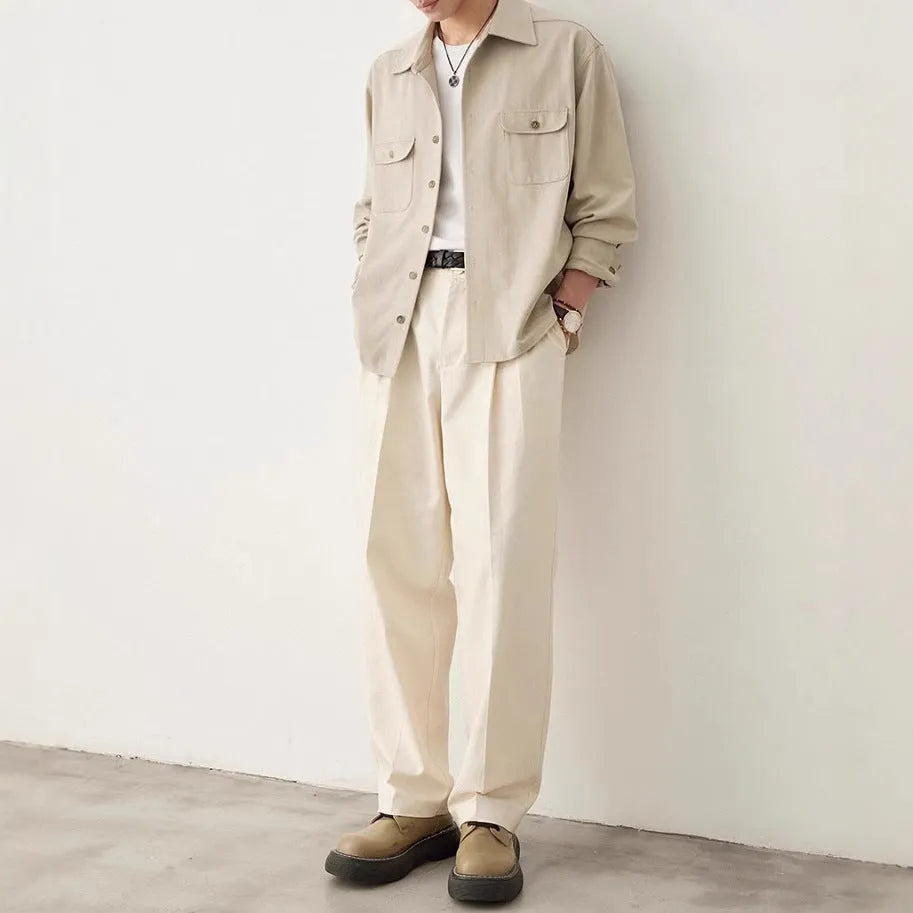 Men's cotton blend long sleeve shirt with simple lapel in light sand rice colour