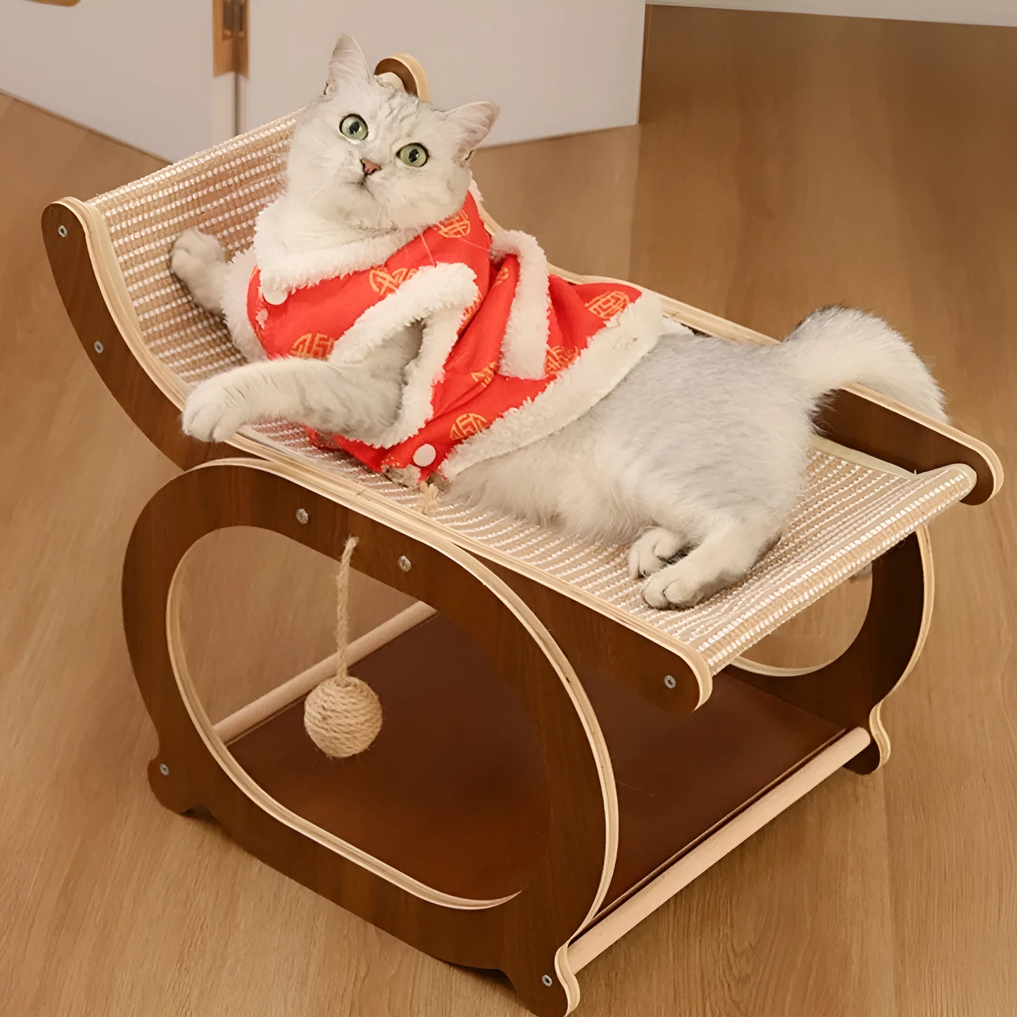 Solid wood sisal cat scratching mat in recliner style, walnut colour option