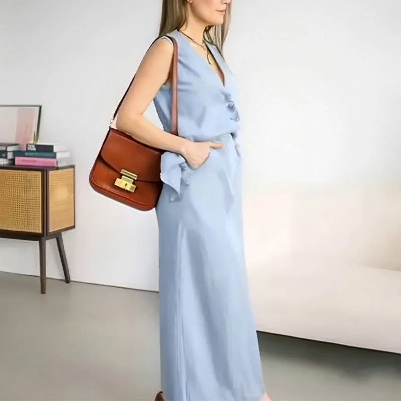 Women's blue sleeveless vest and long skirt two-piece casual suit set
