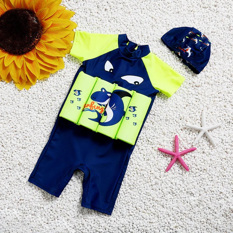 Children's buoyancy swimsuit one-piece with sun protection in nylon fabric showing Korean style plaid and cartoon patterns